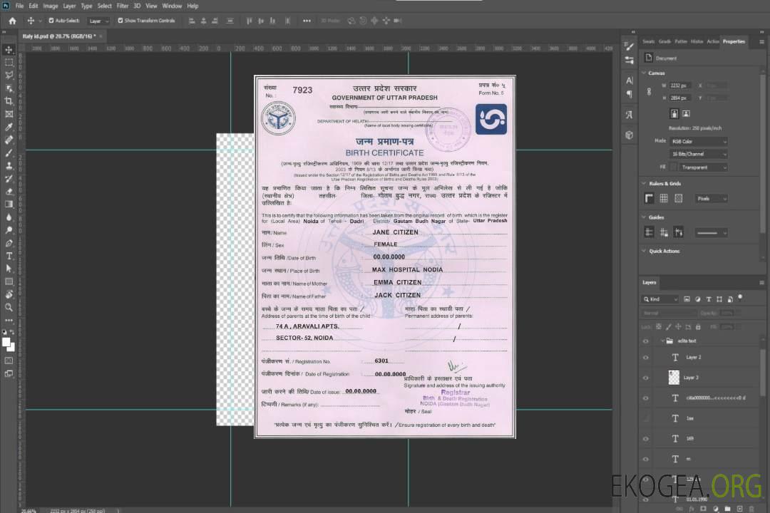 Modèle d'acte de naissance du gouvernement indien de l'Uttar Pradesh au format PSD, template